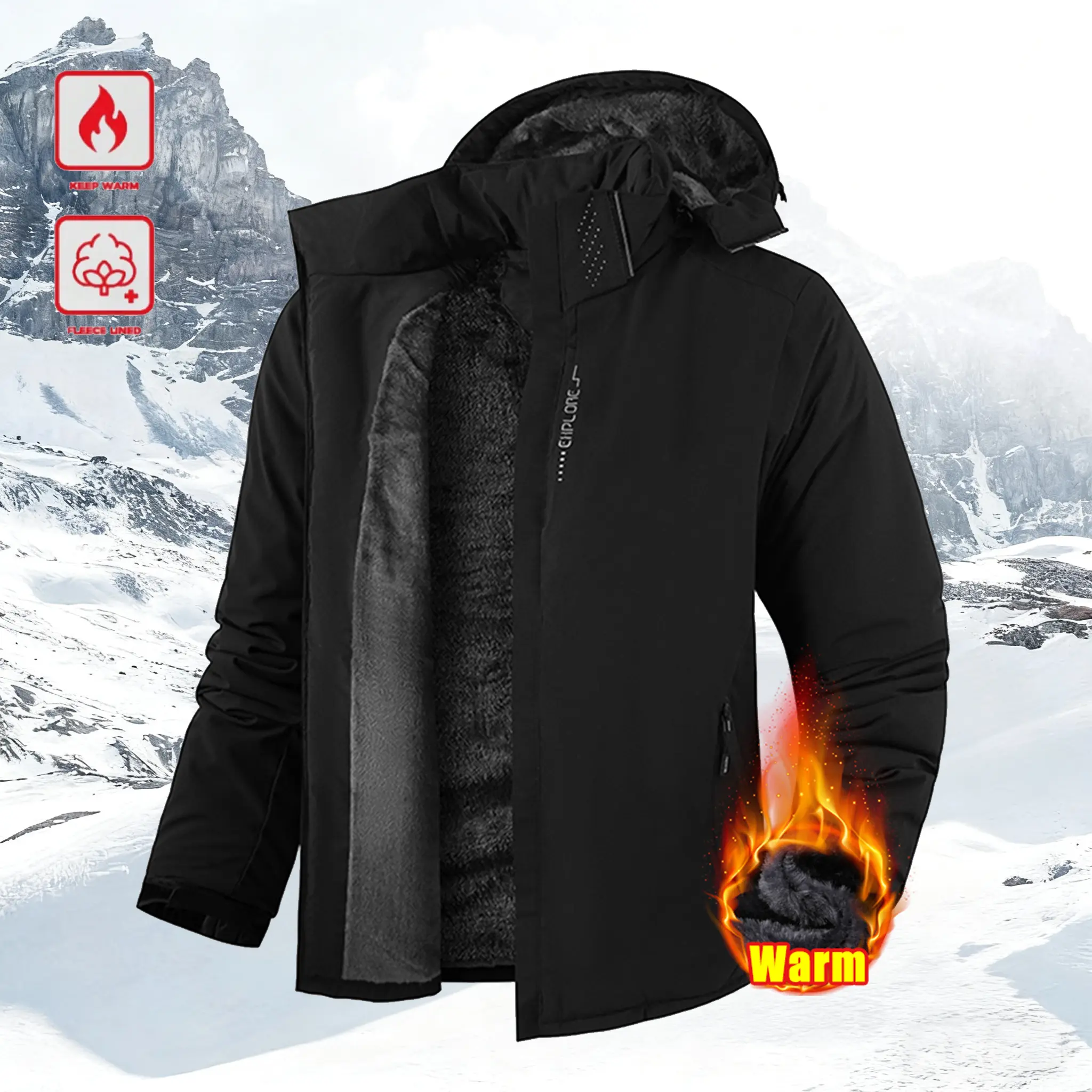 Men's Winter Outdoor Waterproof Windproof Fleece Lined Hooded Ski Jacket - Thick Warm Windproof Outerwear, Outdoor Apparel with Adjustable Drawstring Hood, Full Zip Front Closure; Ideal for Hiking, Casual Wear; Must-Have Versatile Coat