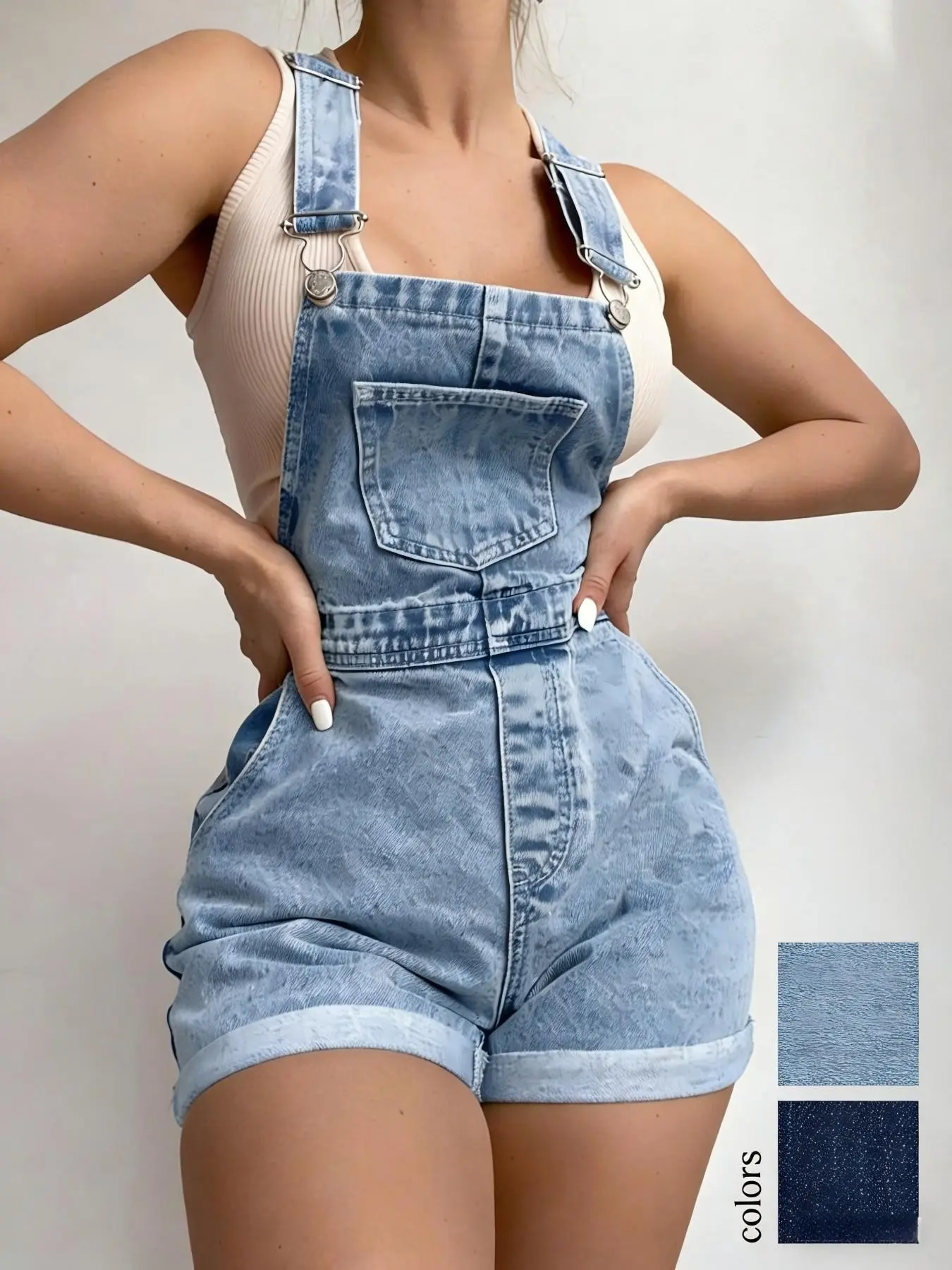 American Vintage Light Wash Light Blue Denim Strap Backless Casual Sleeveless Overalls Shorts, High-Waisted Roll-Up Hem Slimming Casual Style, Loose-Fitting Women's Summer Wear