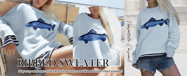 CHARTOU Women Fashion Crew Neck Rib Knit Crucian Carp Graphic Oversized Y2k Pullover Sweater Jumper CHARTOU Women Fashion Crew Neck Rib Knit Crucian Carp Graphic Oversized Y2k Pullover Sweater Jumper