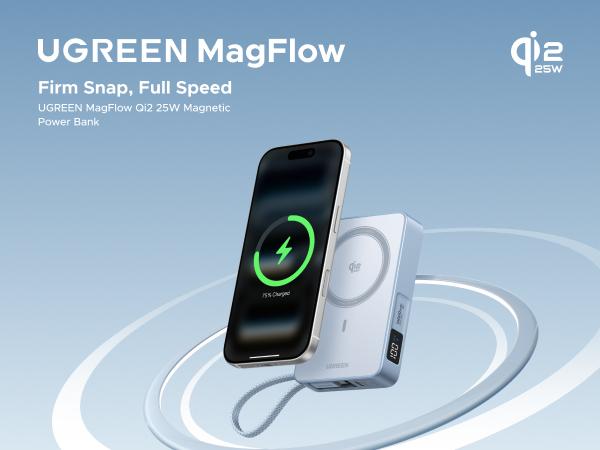 UGREEN MagFlow 10000mAh Power Bank Qi2 25W Certified Wireless Charging Magnetic Portable Charger for MagSafe with Built-in Cable 30W USB-C Battery Packfor iPhone17 Pro Max/Pixel 10 Pro XL,TikTokShopJumpstartSale