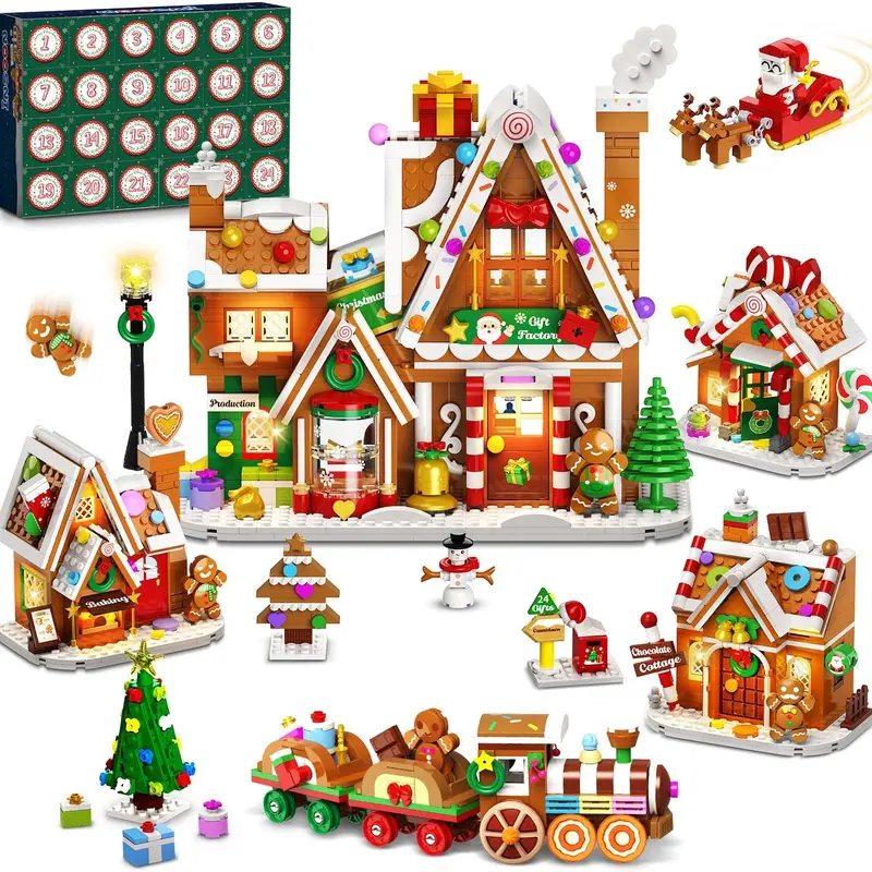 INSOON Advent Calendar 2026 Gingerbread House Mini Building Set with Lights, 24 Days Christmas Countdown Gift Factory Building Kit with Conveyor Xmas Tree Train, Holiday Gift for Adults Girls Boys 12+