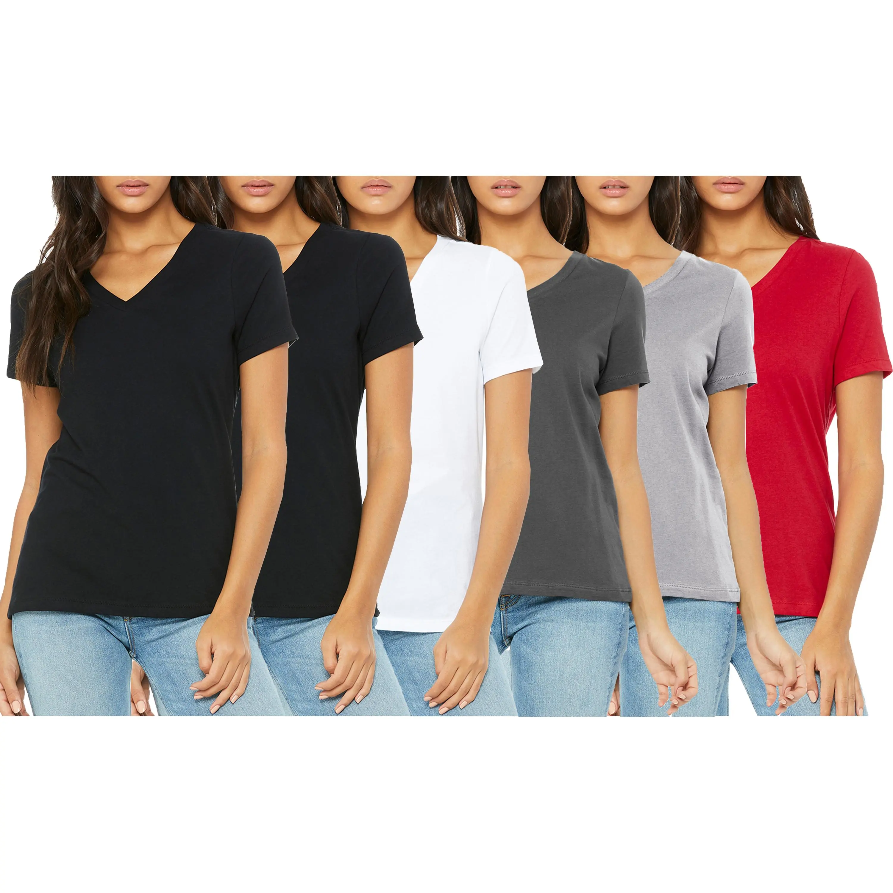 (V-Neck)Black x2-White-Charcoal-Heather Grey-Red