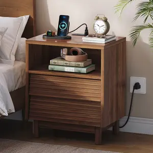 HOOBRO Nightstand, Bedside Table with Charging Station, End Table with Slatted Double Drawers and Open Compartment, Side Table, Solid Wood Legs, for Bedroom, Living Room, Home Office, Walnut#SpringSale #BigSpringSale