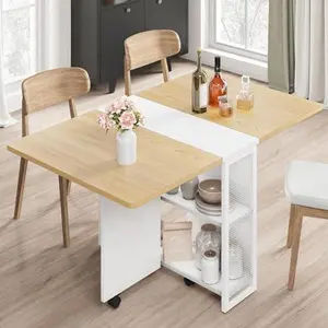 Folding Dining Table, Drop Leaf Dining Table with 6 Wheels and 2-Layer Storage Shelf, Space Saving Kitchen Table for Small Spaces (Natural Wood, 50.1" D x 31.4" W x 29.5" H)