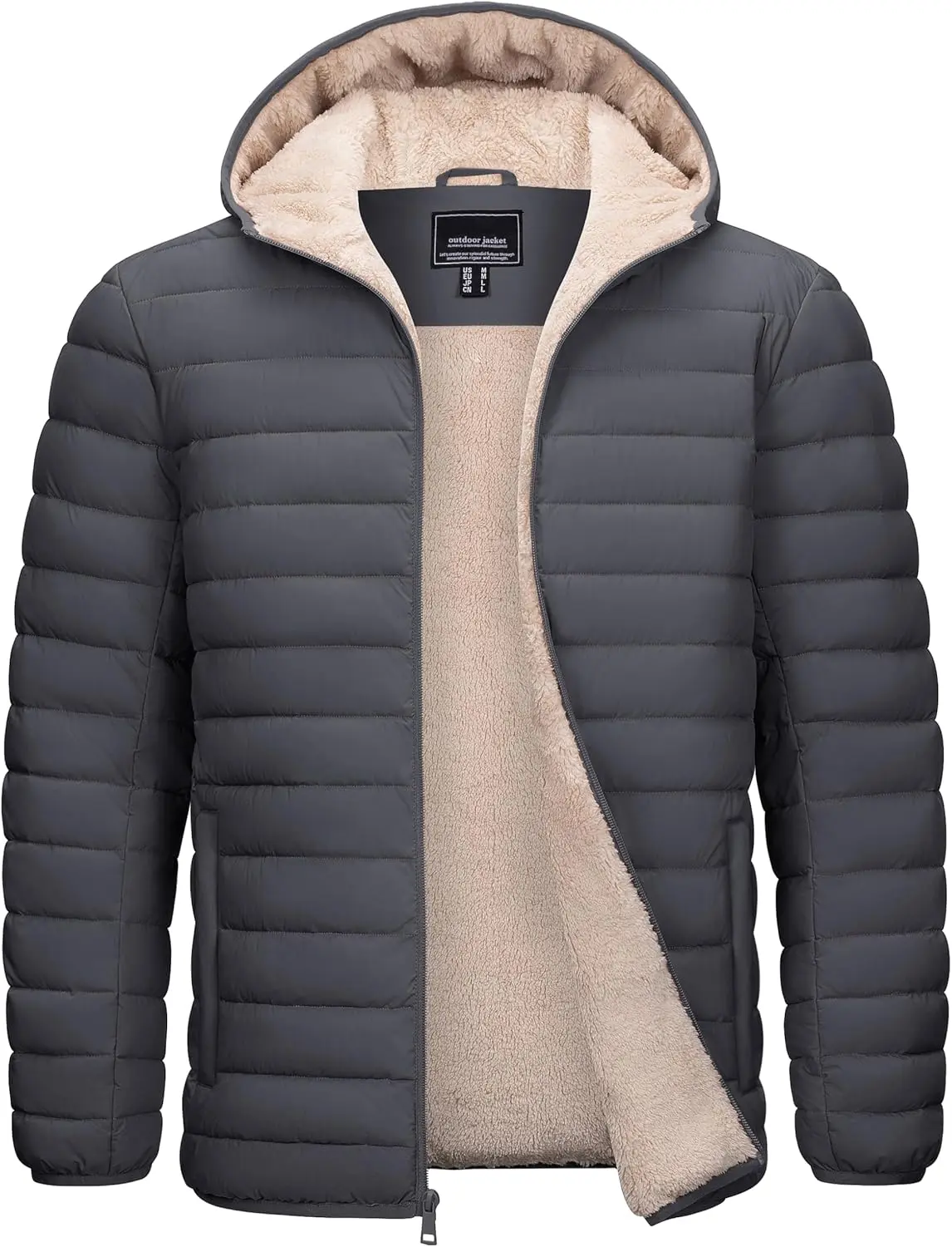 Men's Puffer Jacket - Sherpa Lined, Water Resistant, Hooded, Full Zipper, Mid-Weight, Warm Insulated Casual Menswear Winter Coat with Durable Fabric for Sports & Outdoor Tops, Pocket