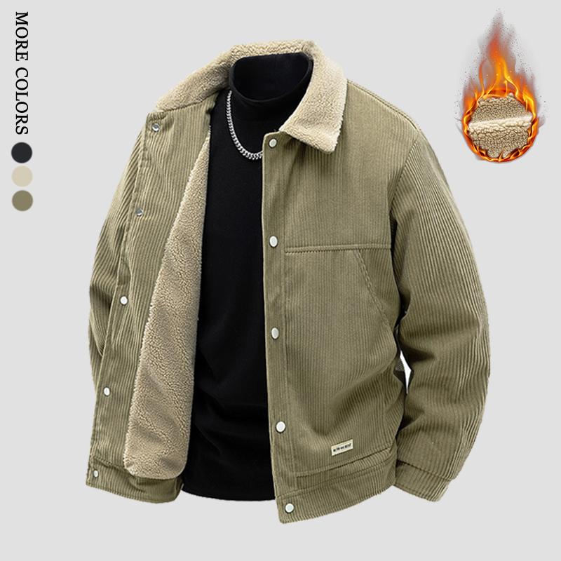 Men's Winter Corduroy Lined Fleece Collar Single Breasted Jacket - Thick Warm Coat with Ribbed Cuffs & Fashion Front Placket; Perfect for Outdoor Hiking, Jogging, Fishing, Gym Workouts or Casual Daily Wear; Fleece Lining Provides Windproof Structure.