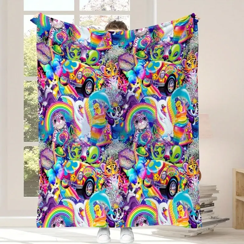 Vintage Lisa Frank Alien Rainbow Maximalist Flannel Blanket | 90s Y2K Nostalgia Hippie Bus Tiger Dolphin Kawaii Kidcore Cozy Throw for Dorm Bedroom Decor,Flannel blanket,Christmas Gift,Christmas