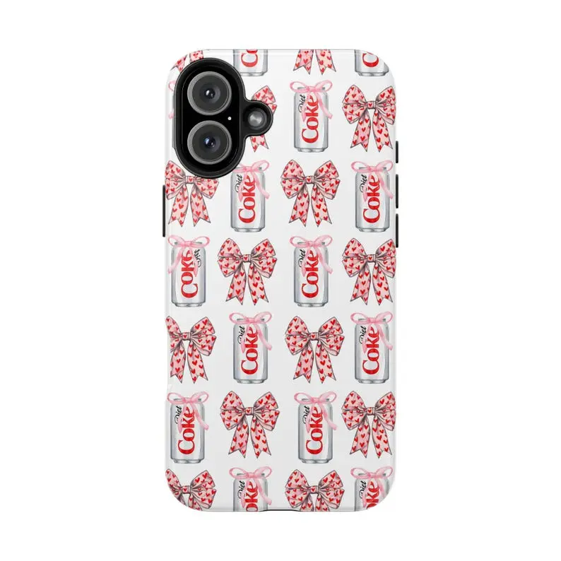 Pink Bow Diet Coke Silicone Smartphone Case - Protective, Shock-Absorption, Durable, Cloth-Lined, Multi-Model Glossy/Matte Wireless Accessory, Coquette Drink Lover Gift for iPhone 12-17 & Galaxy S22-S25