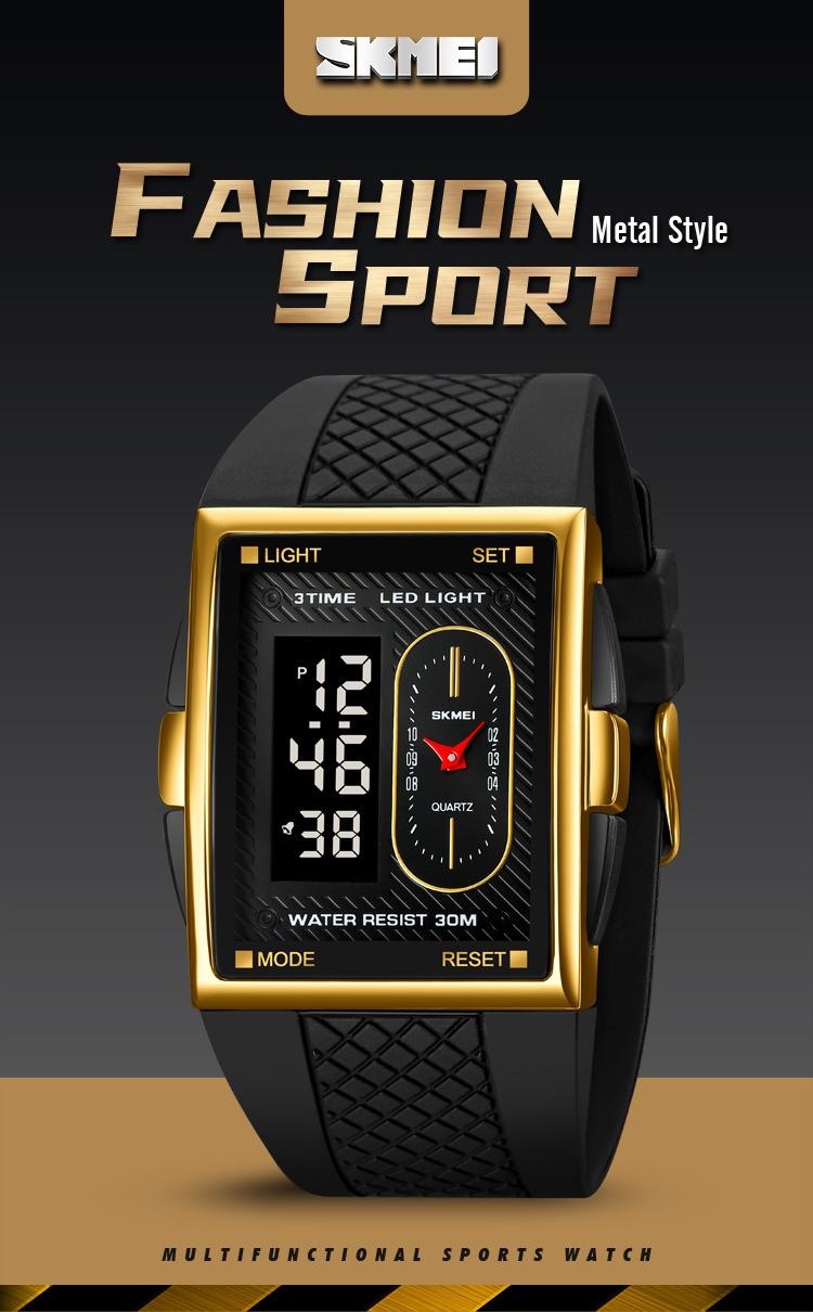 SKMEI Men's Durable Casual Digital Wristwatch - Gold-Dipped, Battery-Operated, 30M Waterproof, Hardlex Glass Dial, Multi-Functional LED, Gold-Accented Metal Frame, Black Band, 3 Time Zones, Stopwatch, Alarm, Date & Week Display, Casual Watch detail 1