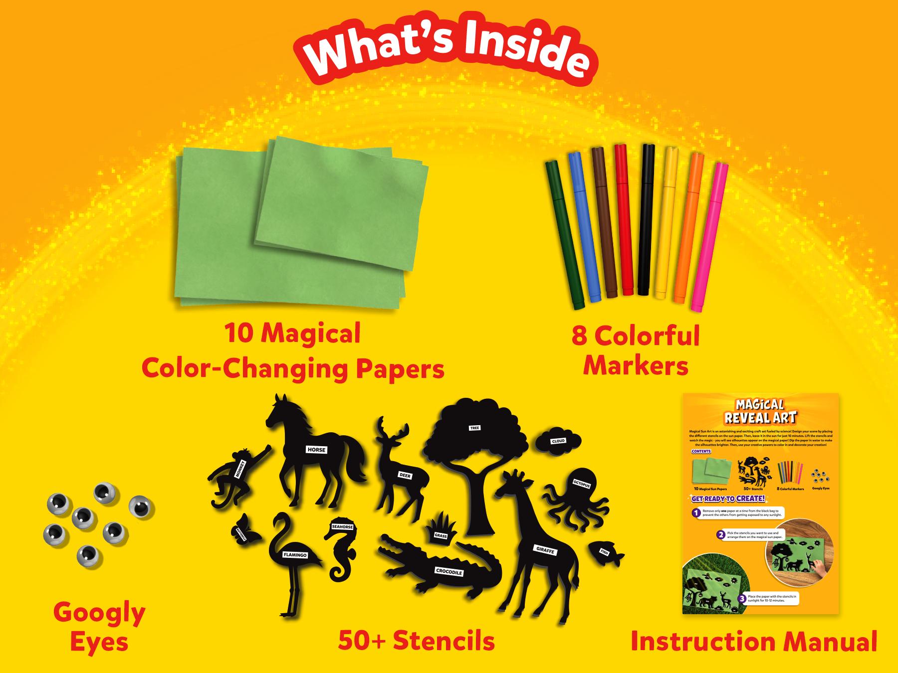 Skillmatics Sun Reveal Art Kit - Mess-Free DIY STEM Craft Kit for Kids, Design with Stencils, Create with Sunlight, Color with Markers, Gifts for Girls & Boys Ages 4 to 12