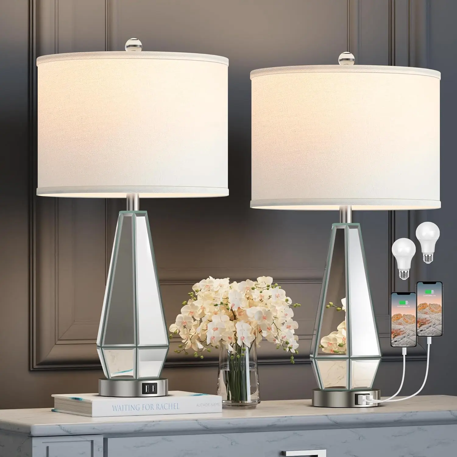2 Set of Mirrored Glass Bedside Table Lamps with 2 USB Ports for Bedrooms Modern Side Nightstand Lamps Geometric Contemporary Living Room Lamps for End Tables (Silver)