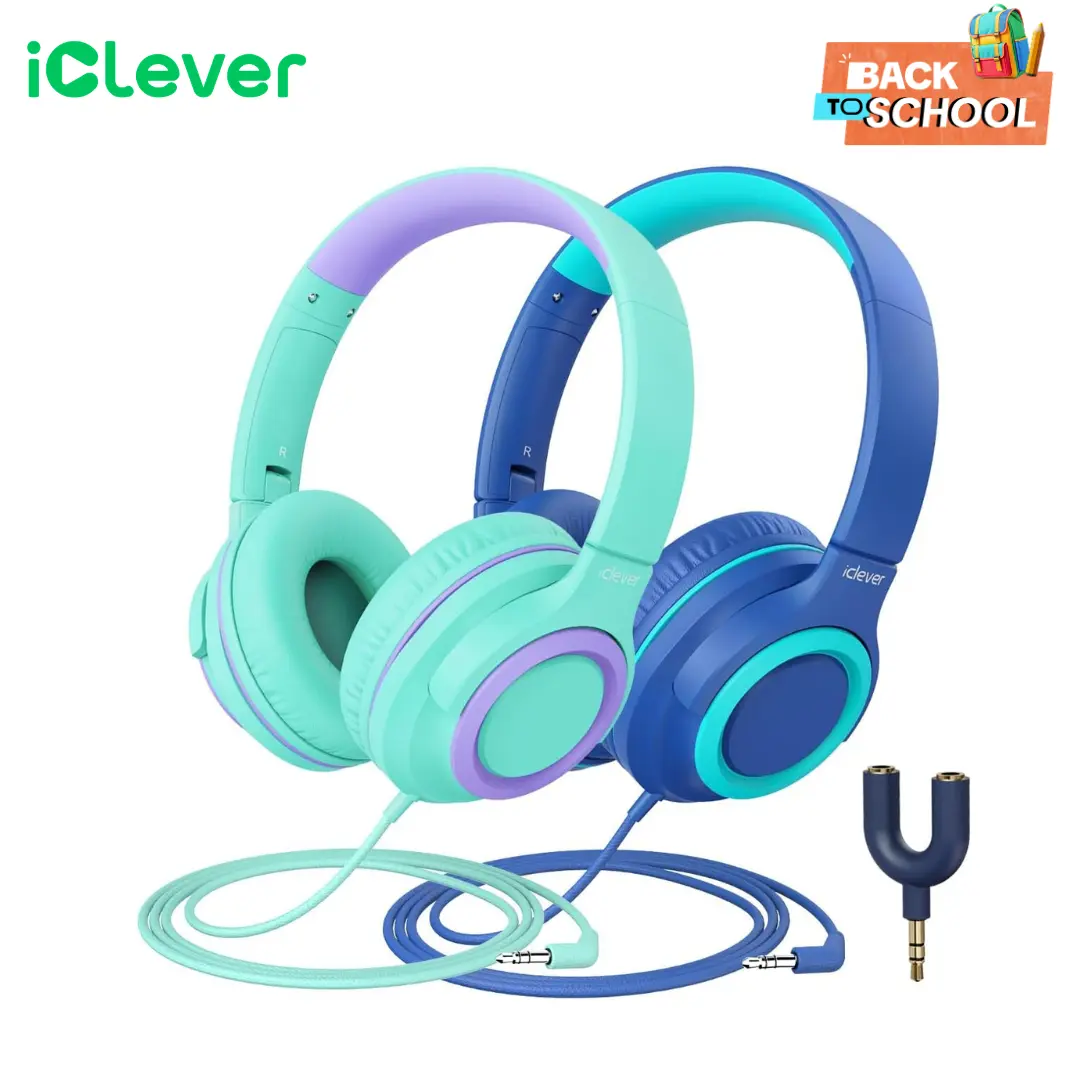 iCleverKids 2-Pack Wired Headphones with Sharing Splitter-HS22 for School Tablet Travel Audio Headset Earbud Electronic