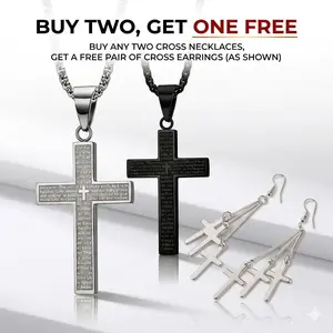 Buy 2 Get 1 Free 3D Sculpting Bible Verse Cross Necklace for Men teen boy Cross Steel Necklace Vintage Cross Pendant Necklace Stamp Cross Necklace Mens Cross Necklace with Stainless Steel Unisex Cuban Chian Neckalce