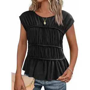 Cicy Bell Womens Cap Sleeve Peplum Tank Tops Summer Babydoll Smocked Cotton Shirts Casual Crew Neck Pleated Blouse