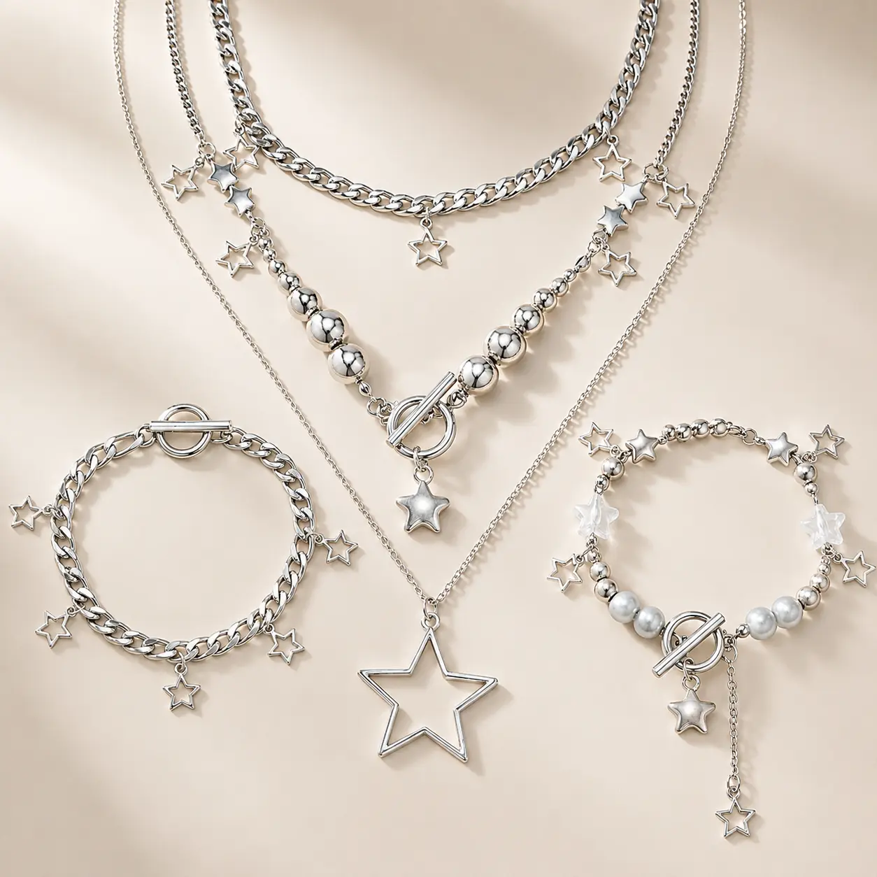 Star Y2k Silver Necklace Grunge Layered Necklace Cute Aesthetic Stack Toggle Chain Necklaces Gothic Vintage Emo Jewelry Set for Women