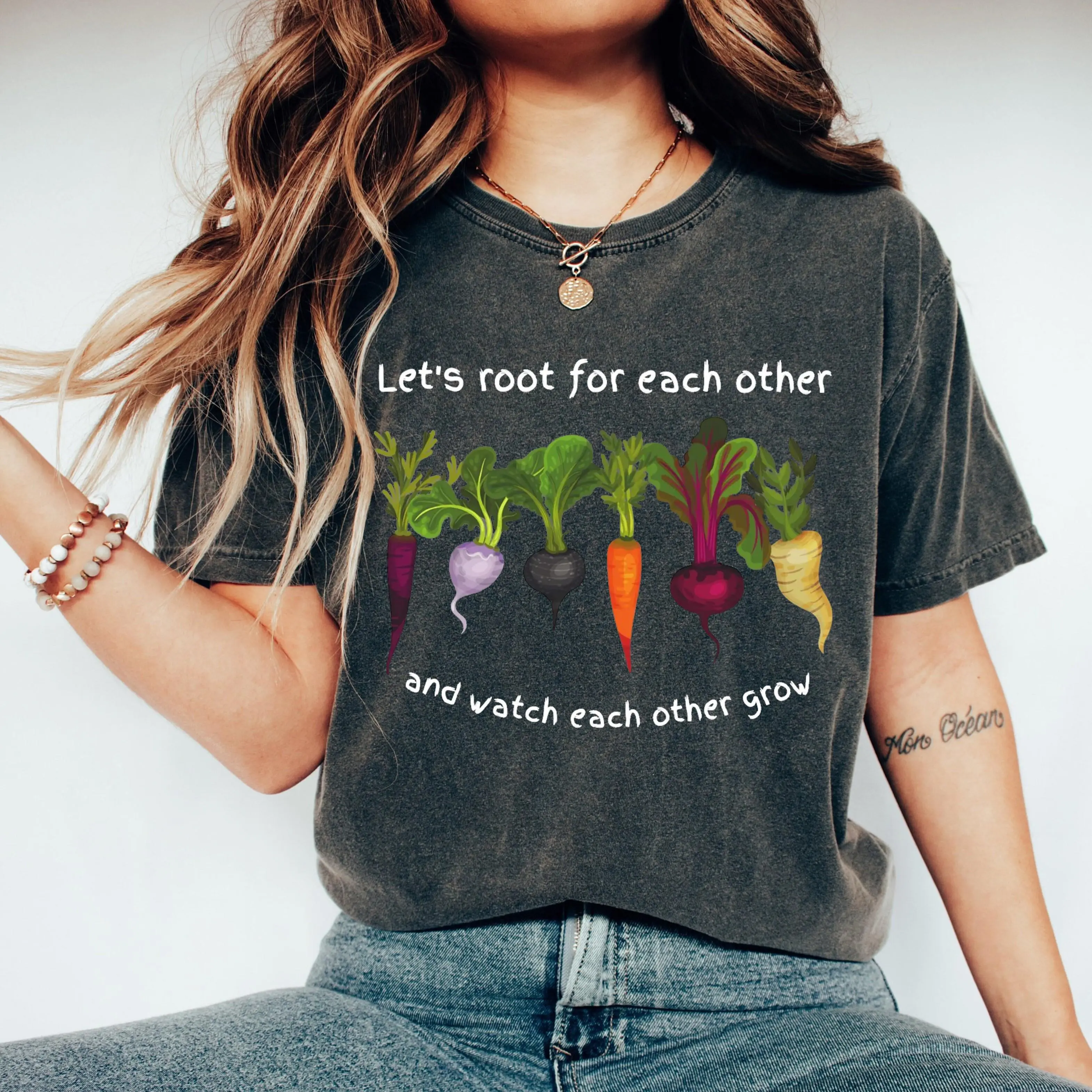 Let’s Root For Each Other Grow T-Shirt, Plant Lover Gardening Graphic Tee, Retro Nature Growth Shirt, Cute Vegetable Garden Tee, Vintage Positive Message Shirt Top Womenswear