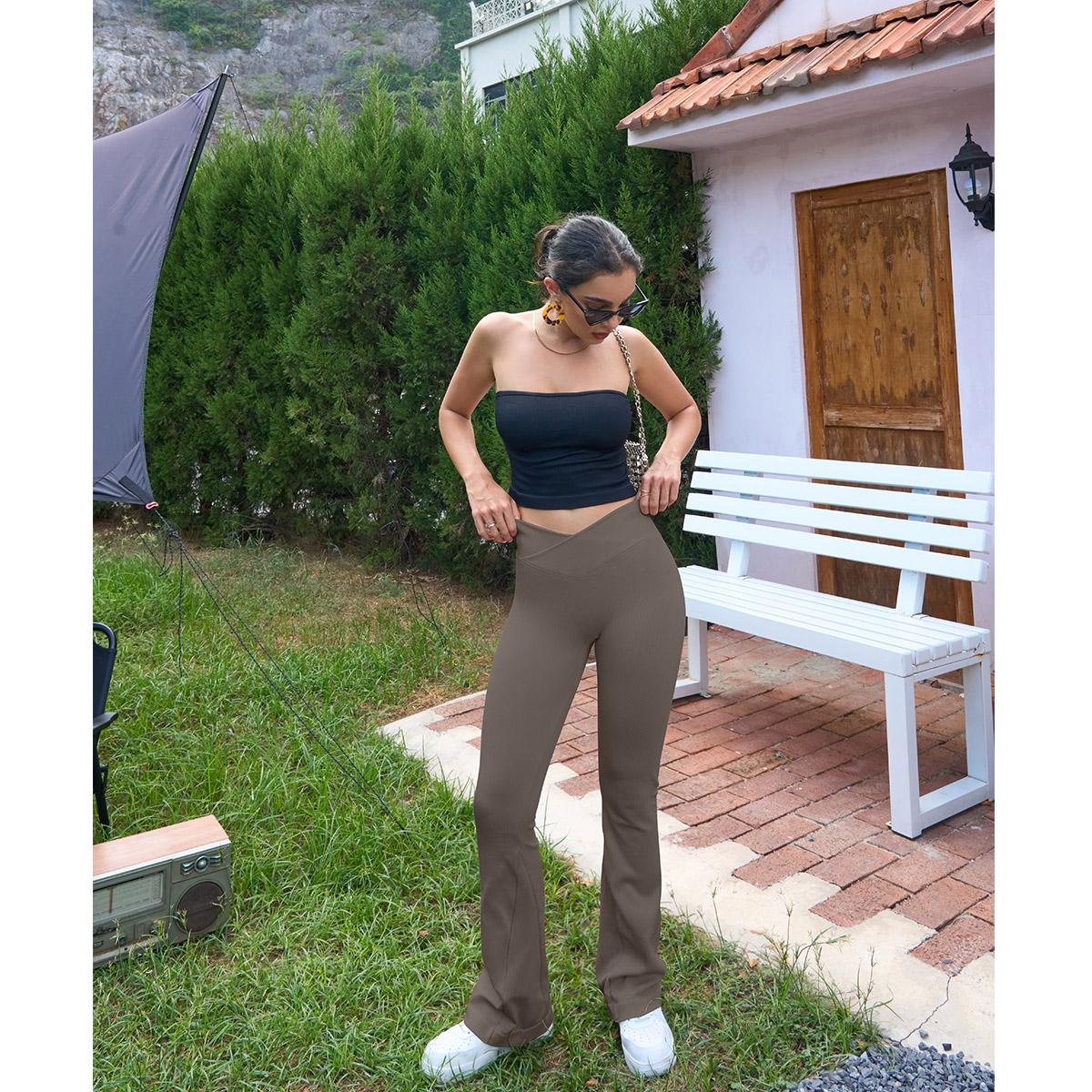 OQQ Women's 2 Piece Flare Pants Ribbed Seamless Workout High Waist and Cross Over Bell Tummy Control Bottoms Basic Comfort Exercise Flare Leggings SpringStatements