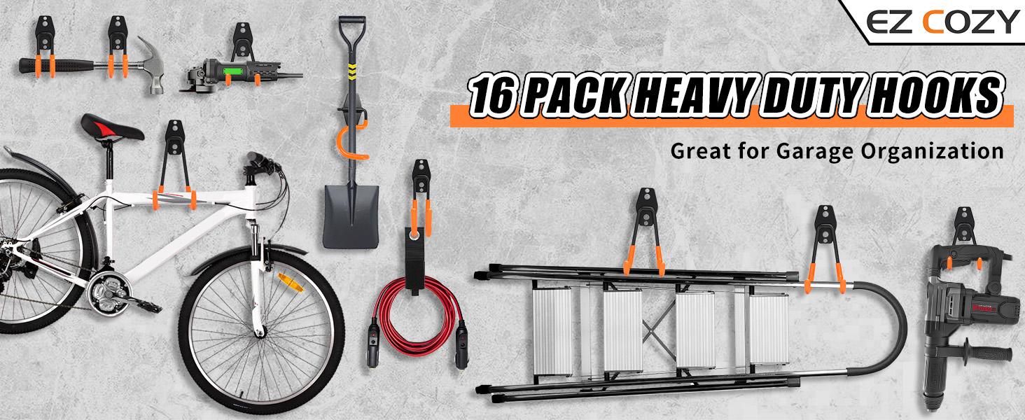 16 Pack Garage Hooks Heavy Duty Organization for Tools Wall Mount Utility Hook Garage Hanger Storage Hooks with 2 Extension Cord Straps Shed Organiser