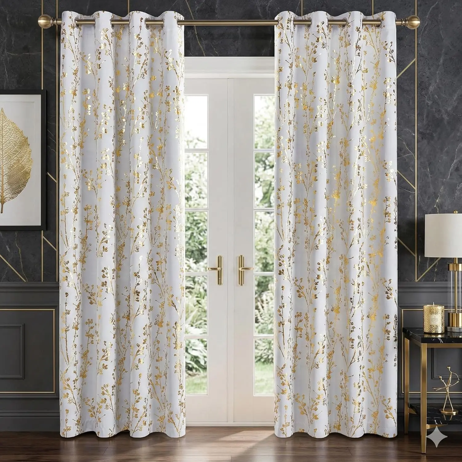 NICETOWN Gold Foil Printed Luxury Gold Room Darkening 100% Blackout Floral Curtains, Grommet Thermal Drapes with Branch Pattern for Living Room & Bedroom, Greyish White, W52 x L84, 2 Panels, Room Darkening Curtains, Gold Curtains