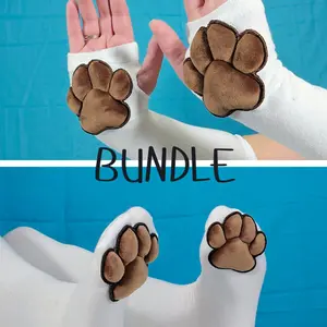 BUNDLE: Brown Plush Paw Pads on White Fingerless Gloves and Socks Fake