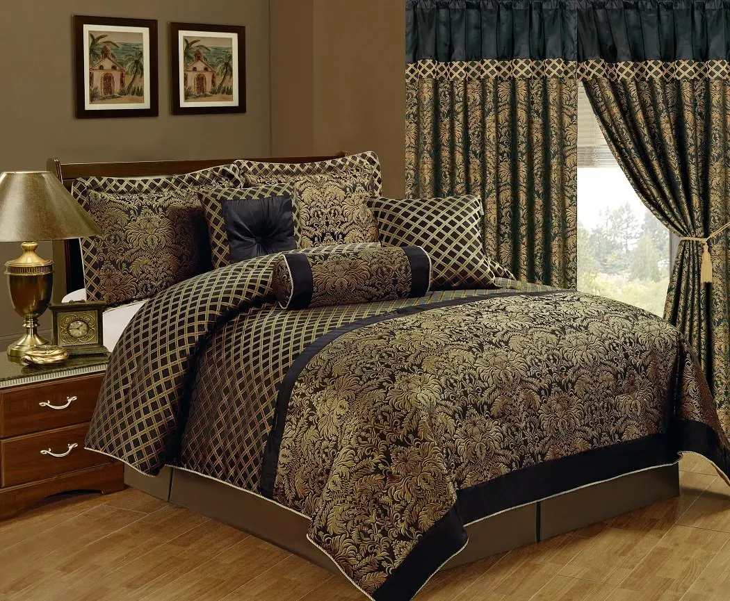 CHEZMOI COLLECTION Lisbon 7-Piece Jacquard Floral Comforter Set - Diamond Crosses, Gold Piping, Queen/King Sizes, Black Luxury Aesthetic Bedding for Bedroom Decor