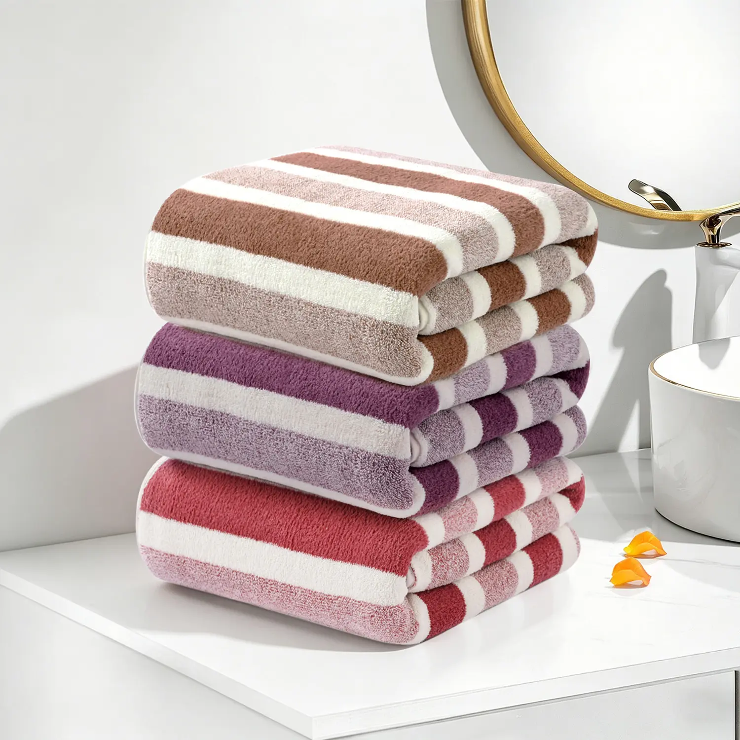 27.56x66.93in Thickened Soft Coral Fleece Bath Towel | Super Absorbent Wide Striped Towel