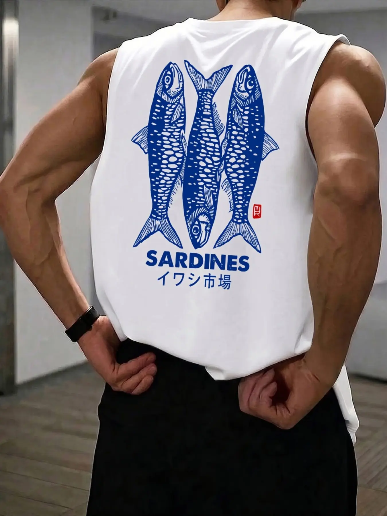 Japanese Aesthetic Sardine Fish Graphic Muscle Tank Top Men Summer Loose Fit Crewneck Sleeveless T-Shirt Casual Gym Workout Sportswear Beach Holiday Tops