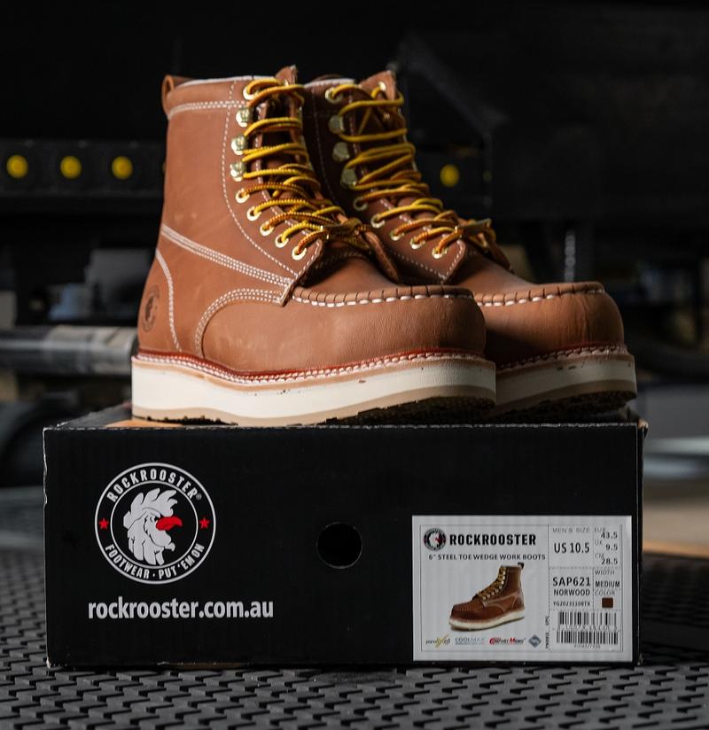 ROCKROOSTER Norwood Steel Toe Men's 6-Inch  Work Boots Brown Water-Resistant Leather for Safety Construction Worker Footwear - Boy