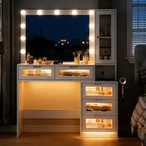 HUAYING Vanity Desk with LED Mirror, Side Cabinet & Charging Station, Makeup Vanity Table with Glass Door & Drawers, Dressing Table for Bedroom