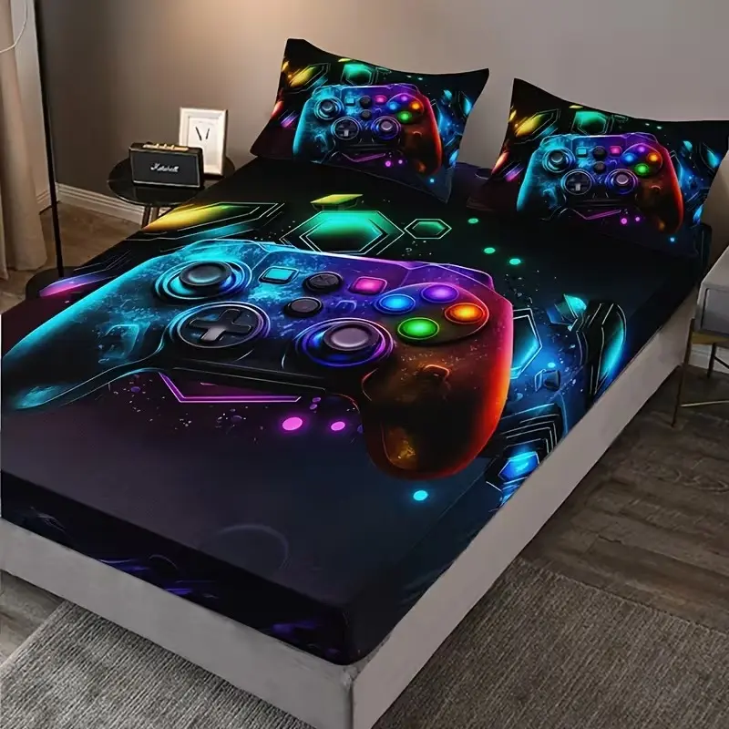 3-piece stylish and cool gaming controller bed cover set (1 bed cover + 2 pillow covers without pillow cores), high-definition printed for home and dormitory use Tech Bedding Set Bedding Sets