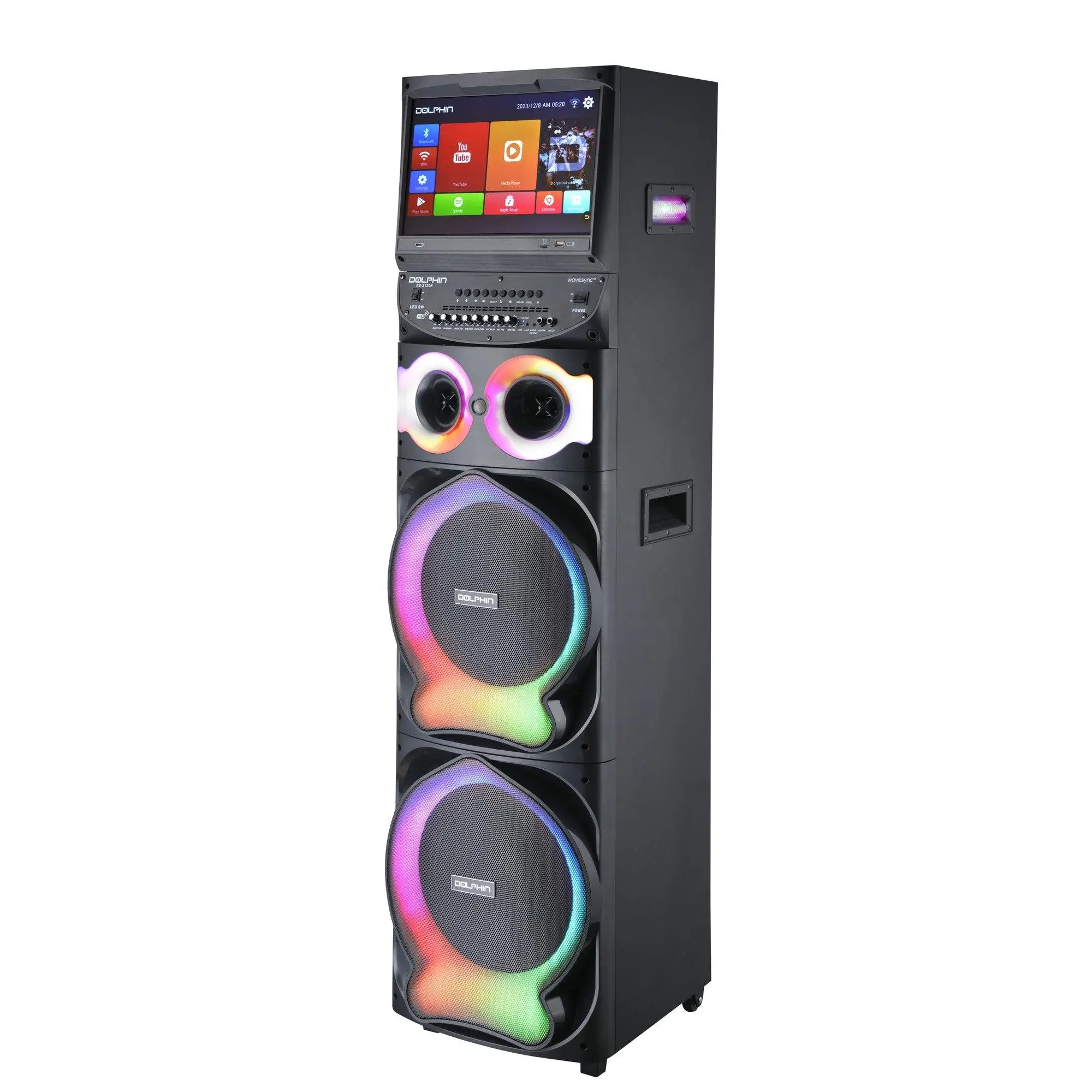 Karaokebox 2120 Dual 12" Party Speaker with 15.4" Android Tablet, WiFi Apps, 2 Wireless Microphones, Portable Smart Speaker with Handle