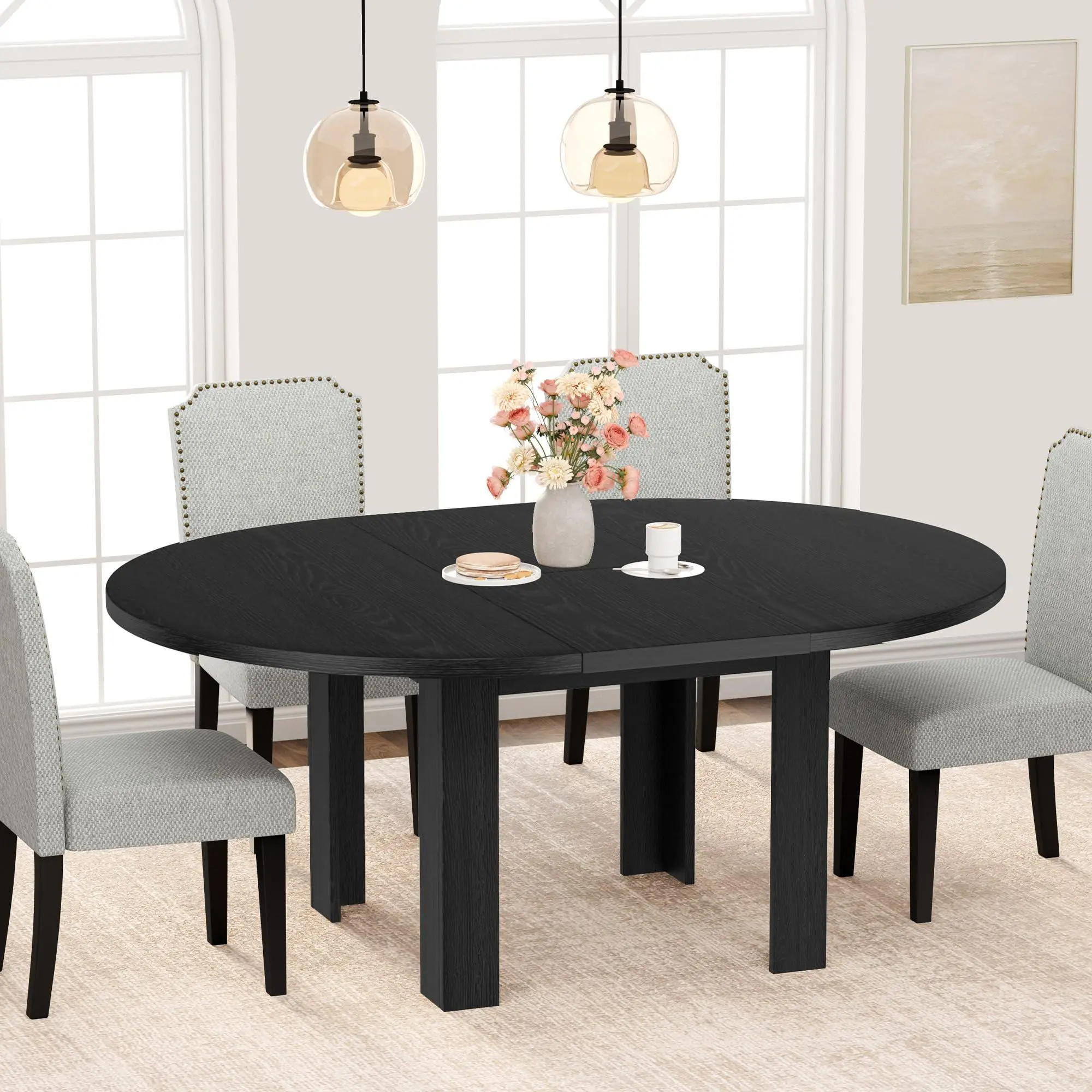 Garvee 47''-63'' Extendable Round Dining Room Table for 4-6, Black | Modern Expandable Kitchen Table, Space Saving Oval Dining Table with Built-in Leaf Storage