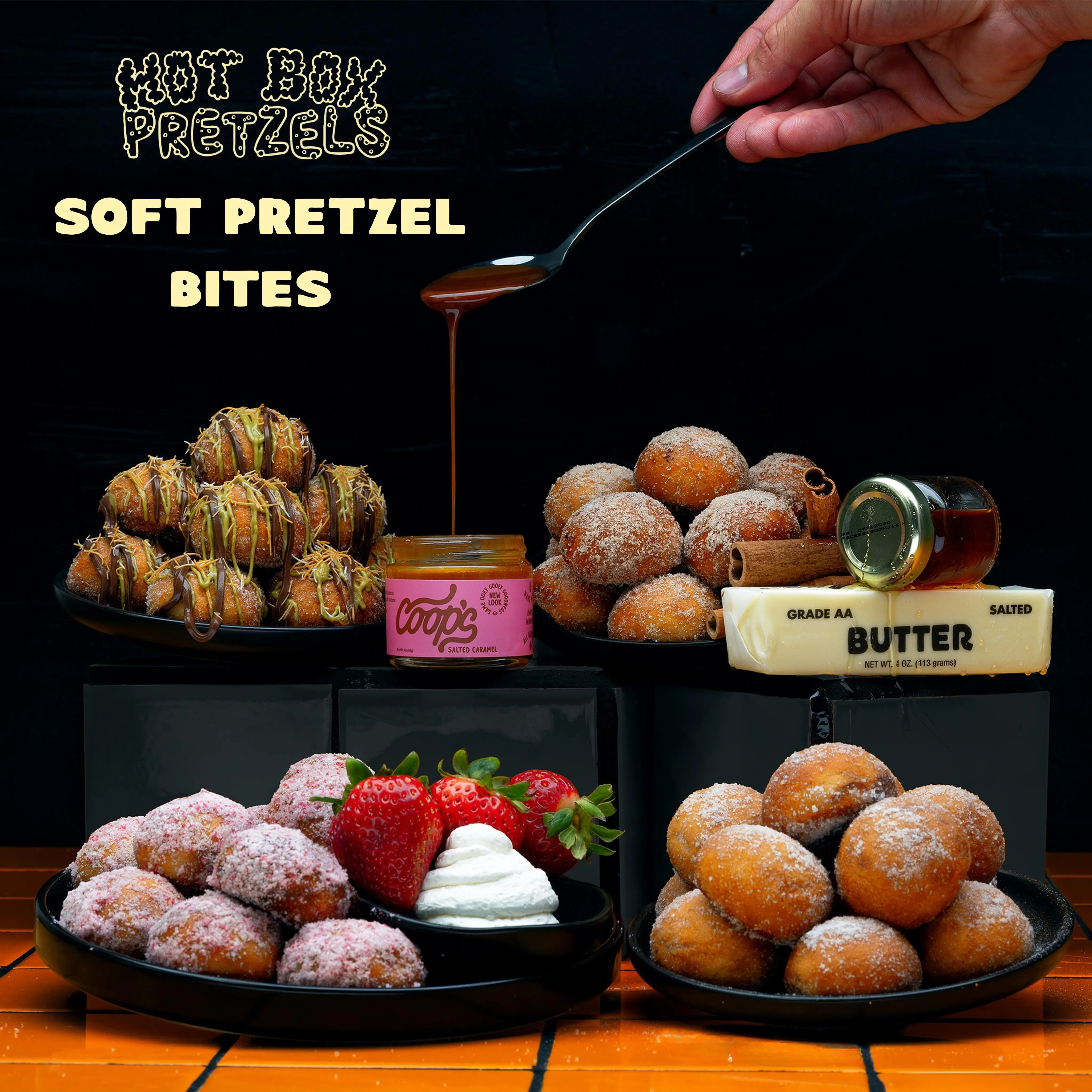 Hot Box Pretzels Sweet Pack| 4 Bags Soft Pretzel Bites | Cinnamon, Honey Butter, Strawberries & Cream, Dubai Chocolate 30g Flavor Packets | 4 8oz Bags + 4 Seasoning Packets(30g) + Dubai Chocolate Kit | Clean Ingredients, No Artificial Flavors