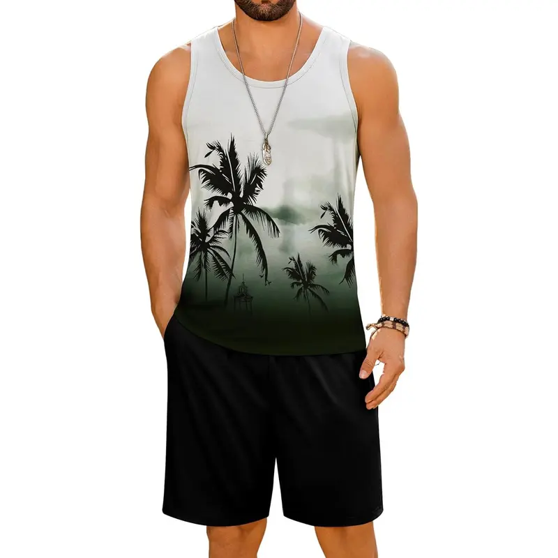 Men's Hawaiian Sleeveless Tracksuit Summer Tank top & Shorts set Aloha Tropical Two Piece Casual Daily Beach
