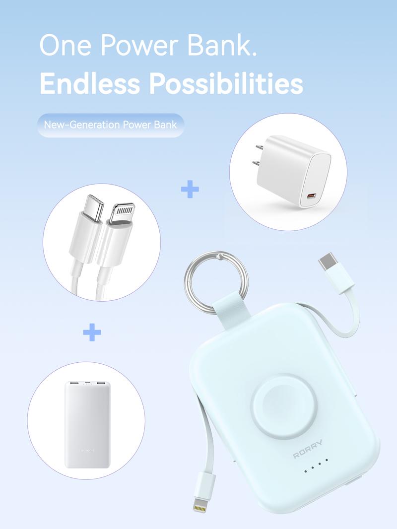 RORRY 5000mAh Portable Charger Built-in Cables Keychain Power Bank for Apple Watch Series  iPhone 17-12 USB Type-C Portable Travel Charger Powerbank Perfect Gift   valentinesdaygiftideas