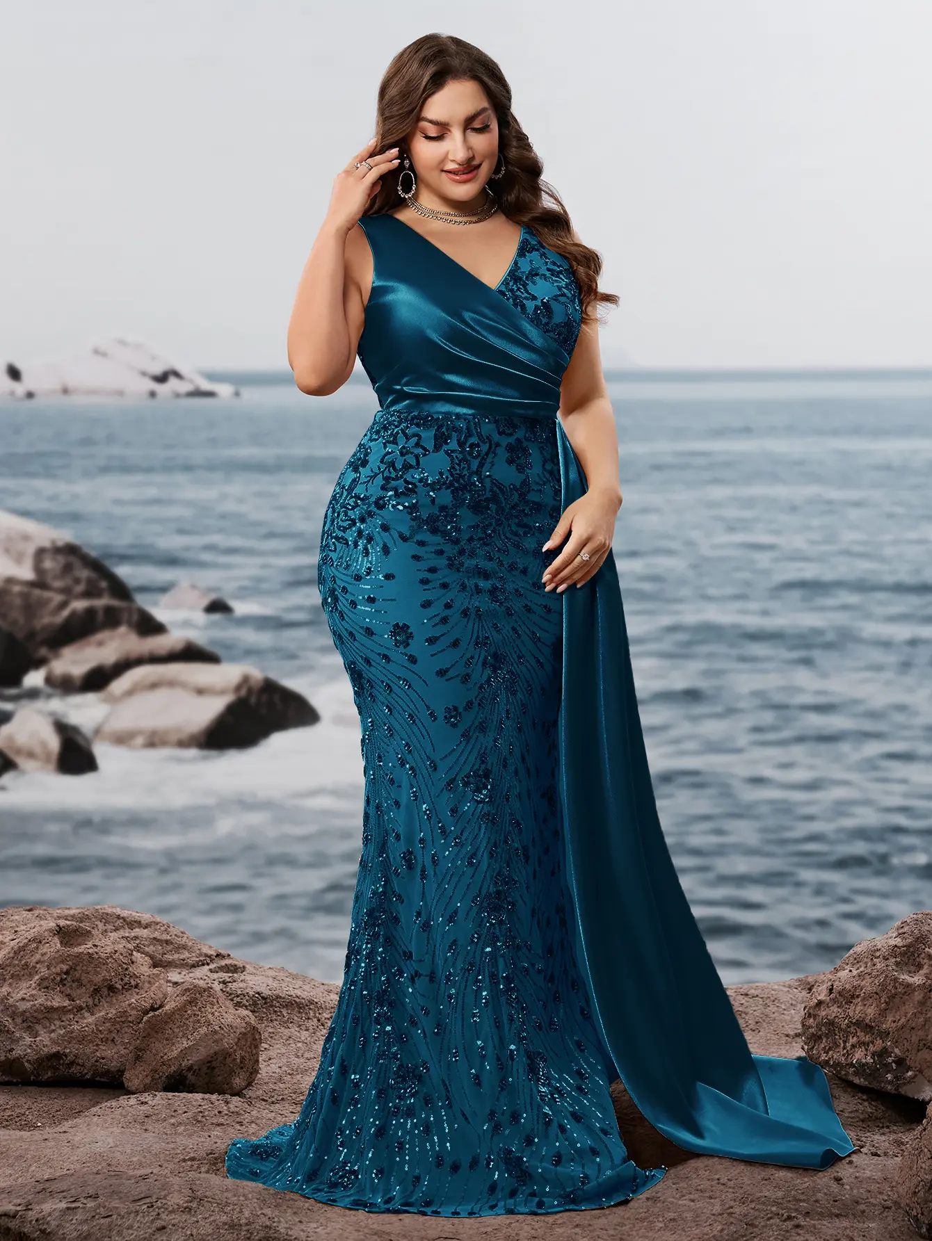 Heavy Embellished Plus Size Spring Summer Luxury Sequin Spliced Slim Fit V-Neck Sleeveless V-Back Sash Mermaid Graduation Evening Gown