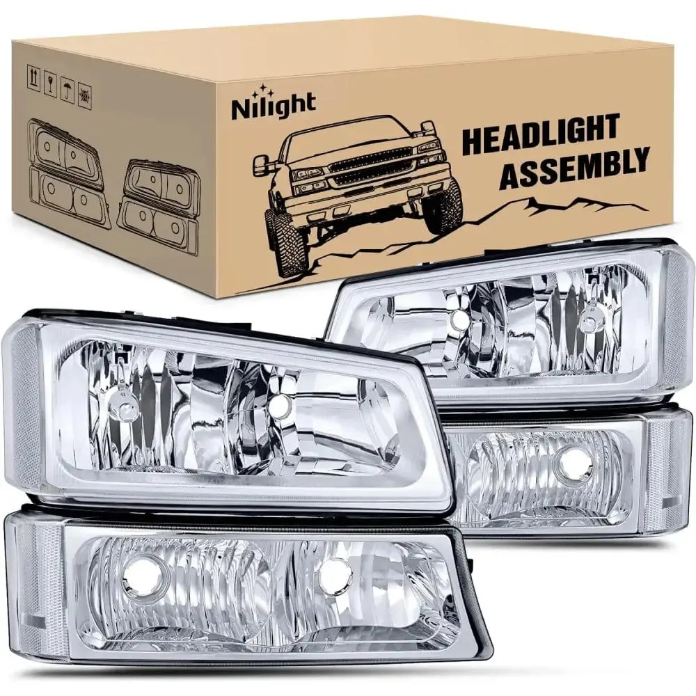 Nilight Bright Chrome Headlight Kit for 2003-2006 Chevy Silverado, Avalanche 1500/1500HD/2500/2500HD/3500 - DOT Certified, Waterproof, High Beam, Strictly Tested, Anti-Fog, Reflector Lens, Plug-N-Play Car & Vehicle Accessories for Night Driving Visibility
