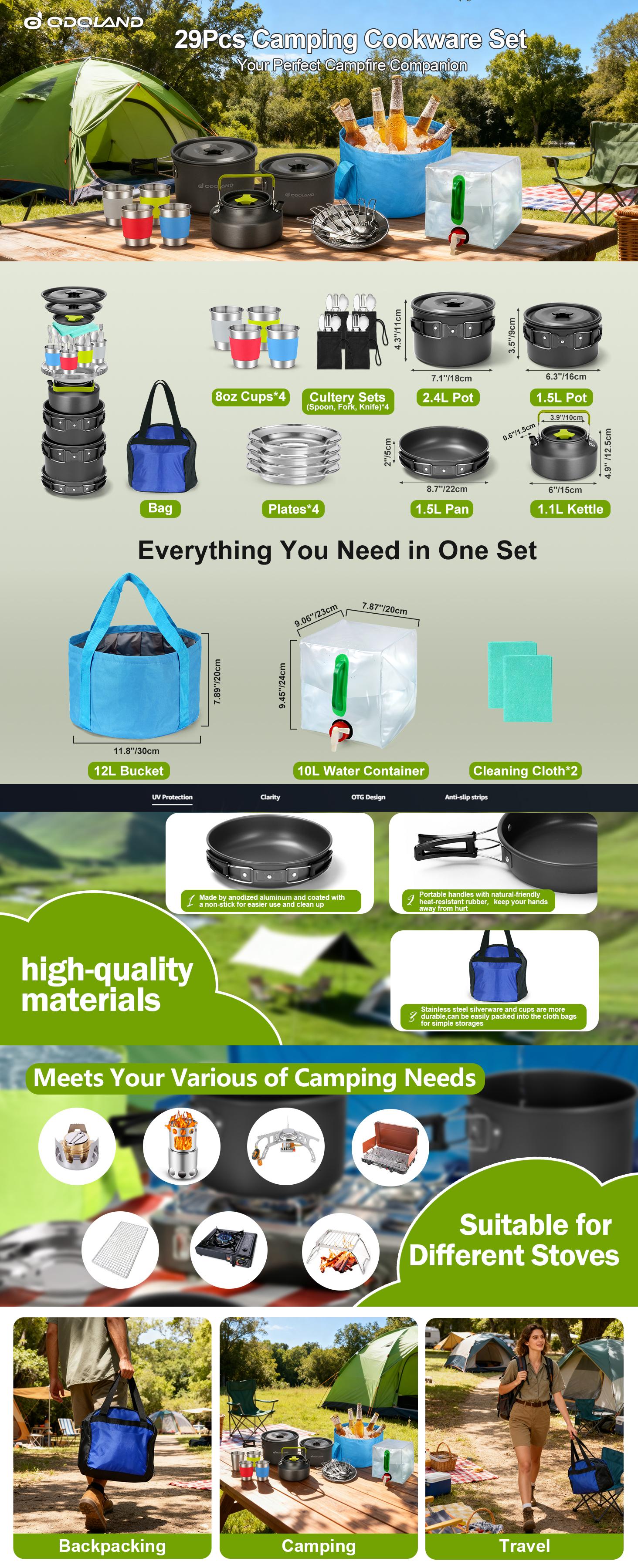 Odoland 29pcs Camping Cookware Mess Kit, Non-Stick Lightweight Pots Pan Kettle, Collapsible Water Container and Bucket, Stainless Steel Cups Plates Forks Knives Spoons for Outdoor Backpacking Picnic