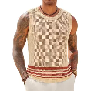 Runcati Mens Sleeveless Tank Tops Knitted Hollow Out Crochet T-Shirts Muscle Summer Beach Color Block Shirts