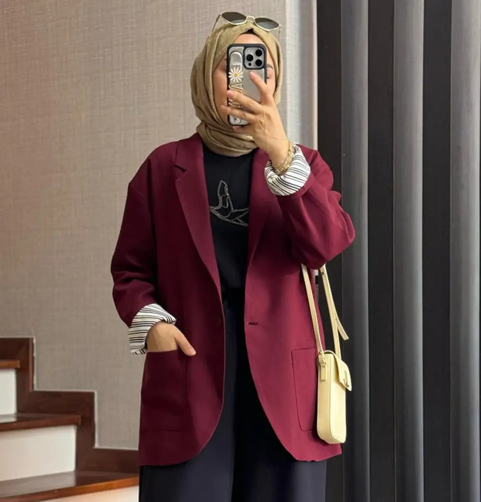 Muslim Women's Cotton-Blend Oversized Twill Blazer - Maroon