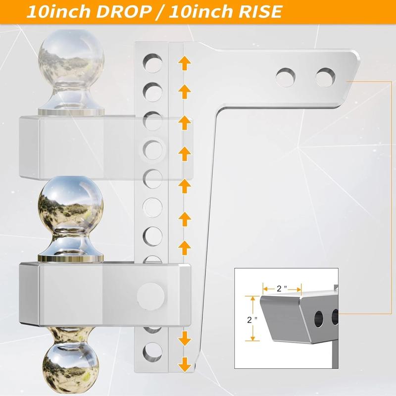 Aluminum Adjustable Trailer Tow Hitch 2"&2.5'' Receiver 10" Drop 12,500 LBS - 18,500 LBS with 2 Locking Pins