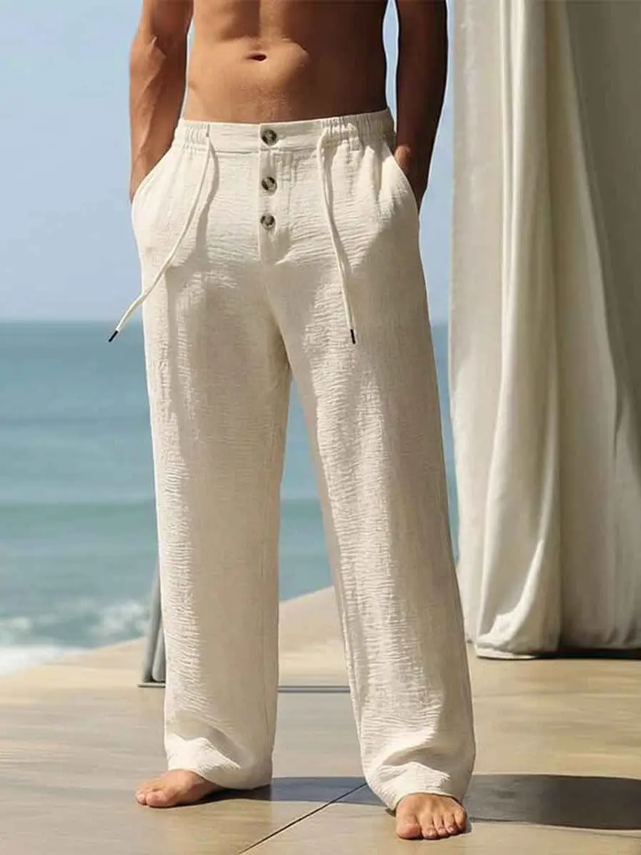 Men's Cooling Linen-Like Pants - Menswear, Breathable Ultra-Light Wrinkle-Resistant Broad-Leg Effortless Fashion Pants, Relaxed Silhouette for Tropical Vacations & Casual Hangouts, Broad-Leg Men's Pants