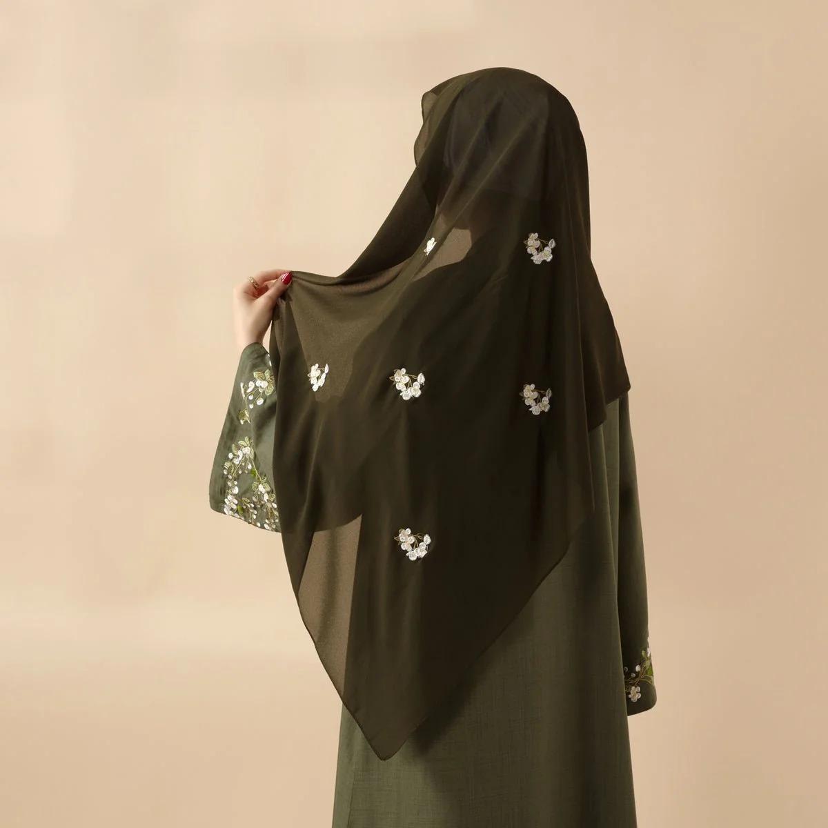 Olive Branch Embroidered Linen Abaya Set | 4-Piece Handmade Design | Jasmine & abaya coats | Symbol of Peace & Resilience | Includes Open Abaya, Inner Dress, Hijab, Belt | Modest Fashion | Full-Length, Wide Sleeves | Perfect for Weddings elega