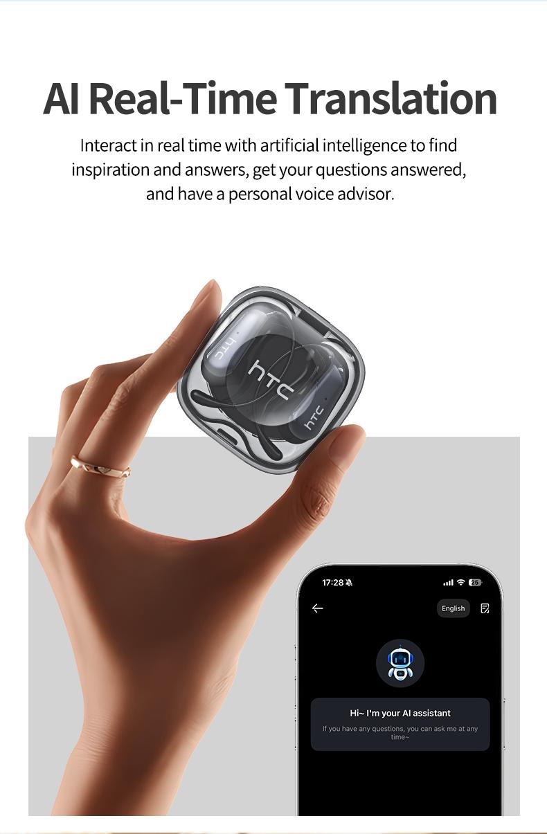 HTC NE38 OWS AI Translator Earbuds, Wireless Bluetooth 6.0, Supports Real-Time Translation in 134 Languages, Includes App, IPX5 Waterproof, Hi-Fi Sound Quality, Suitable for Exercise, Meetings, Studying, and Audio Calls | Built-in Microphone | AI Earbuds