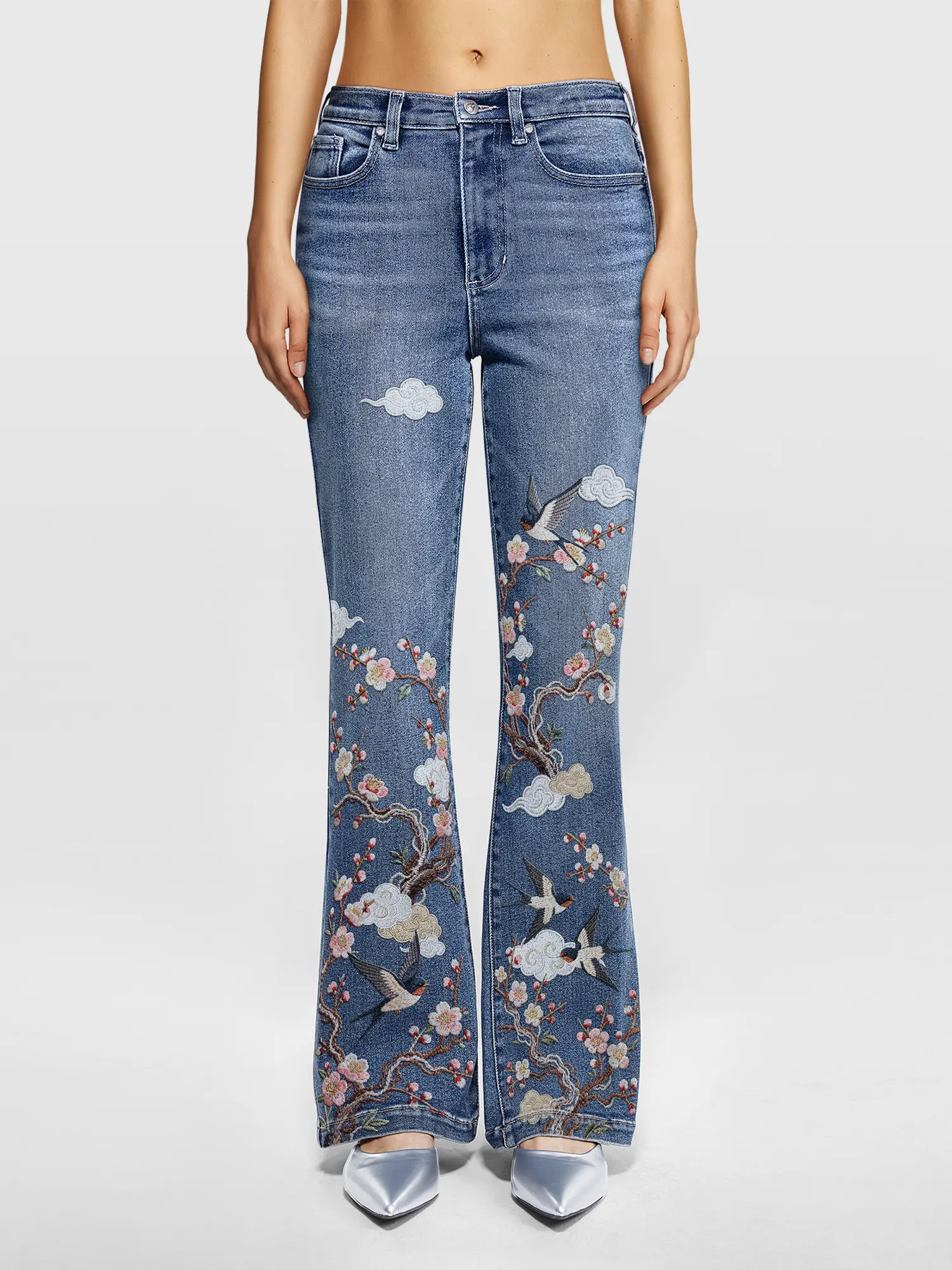 Women's High-Waisted High-Stretch Soft Breathable Denim Jeans - 27 Waist Size, Oversized Trouser, Button Bottom, Bedazzled Embroidery, Cloud Plaid Graphic, Micro-Flared, Aesthetic Elegant Casual Summer Piece