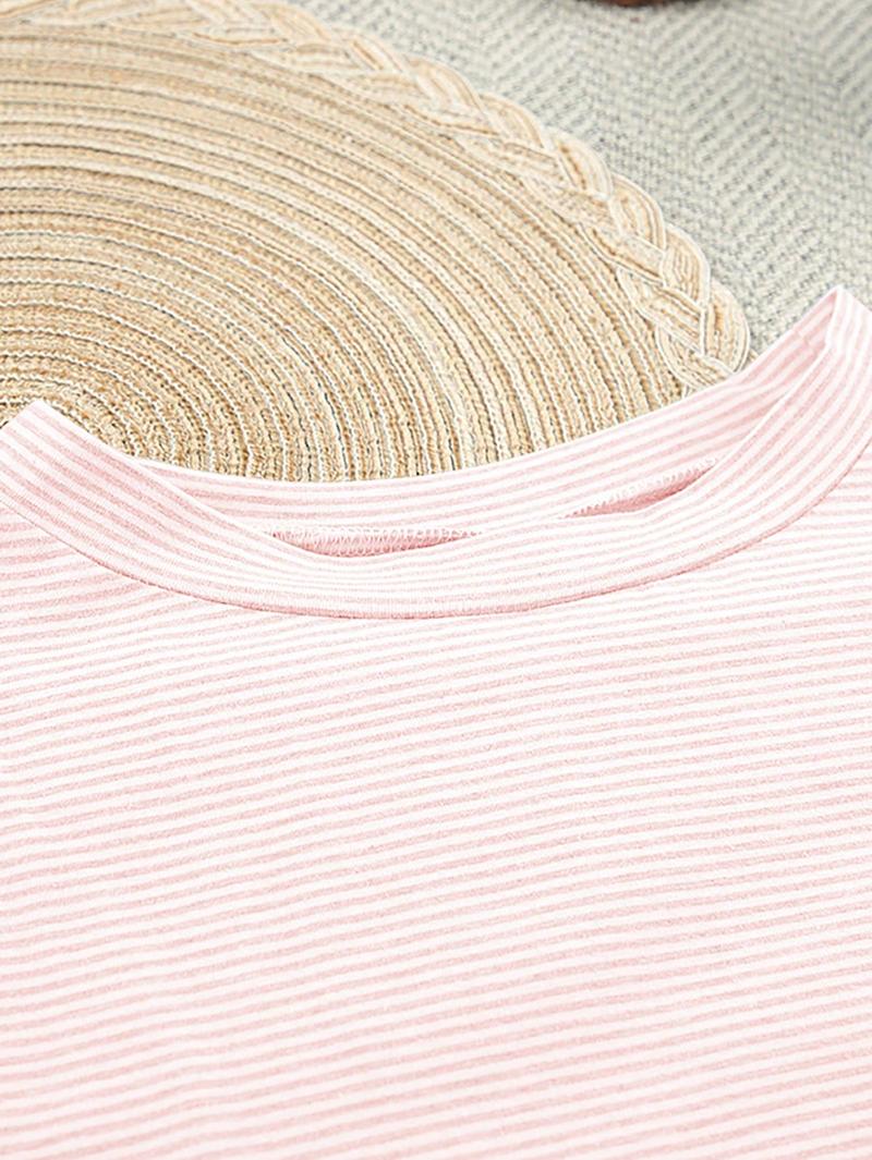 Two-piece set Simple Four Seasons Spring and Summer Contrast Stripes Casual Loose Knit Short Sleeves Tops Side Slits Shorts Home Clothes Set Suitable for Home Use Silk Satin Lace Pajama Set pajamas Striped Beach organic fabric