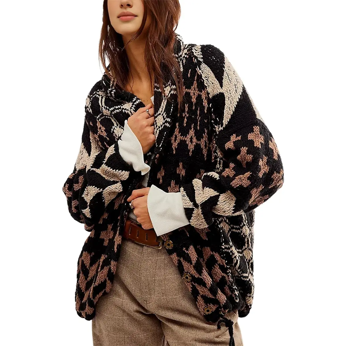 Bienmorn Women's Fair Isle Cardigan Chunky Knit Oversized Sweater Button Front Long Sleeve Fuzzy Winter Vintage Nordic Y2K Tribal Pattern