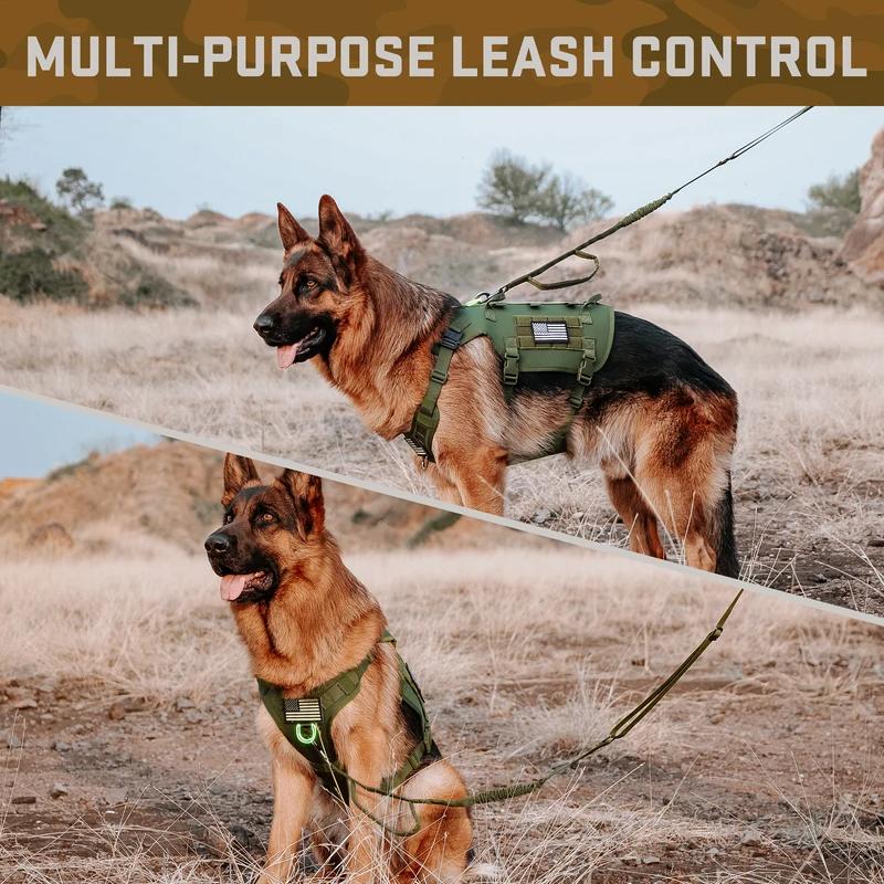 Military Tactical Dog Harness Collar Leash Set with Pouches Flags Durable Camo Vest for Training & Hiking