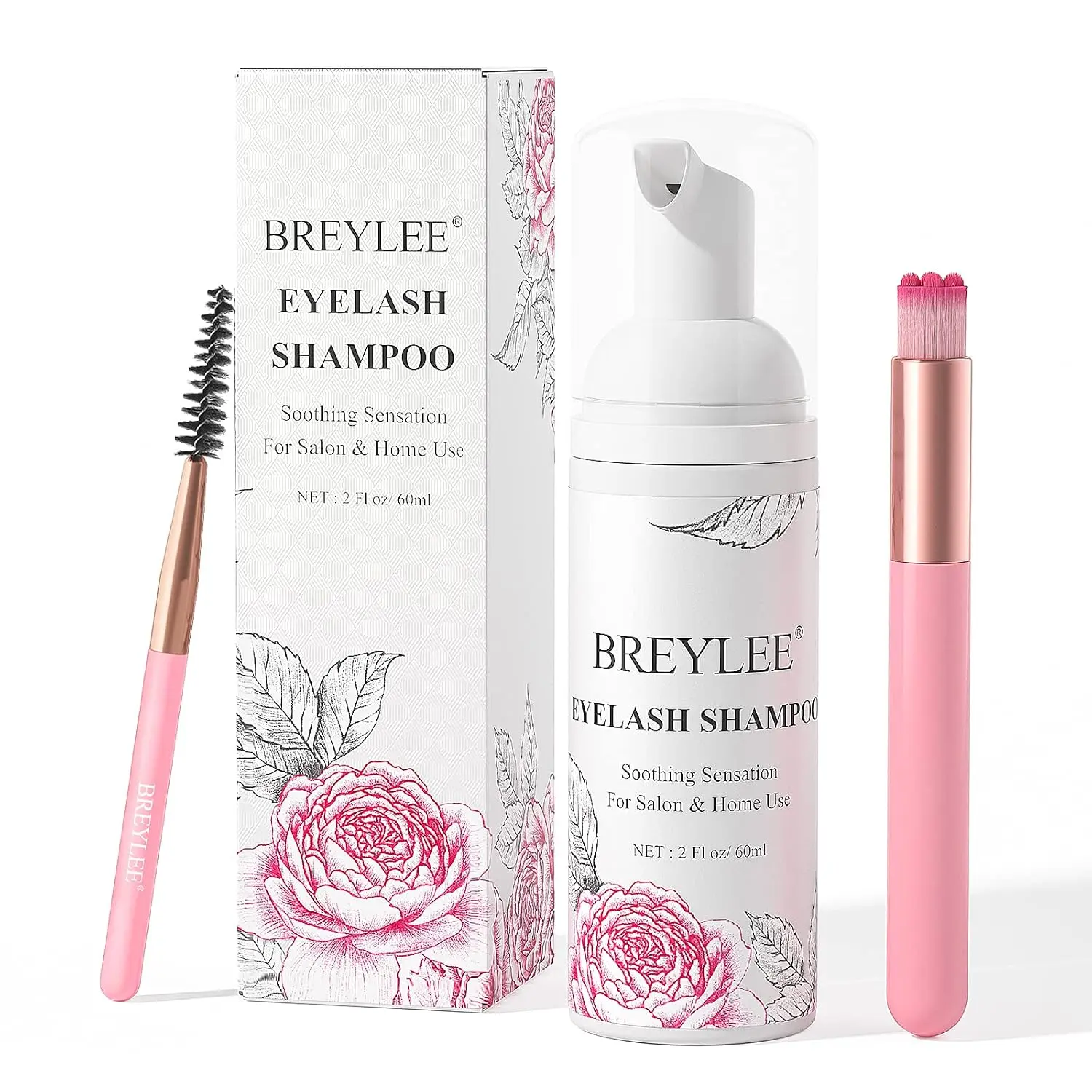 BREYLEE Eyelash Extension Cleanser Shampoo Foam & 2 Brushes, 60ml, 2 fl oz | Eyelid Cleanser, Makeup Remover, Paraben & Sulfate Free, For Salon and Home Use
