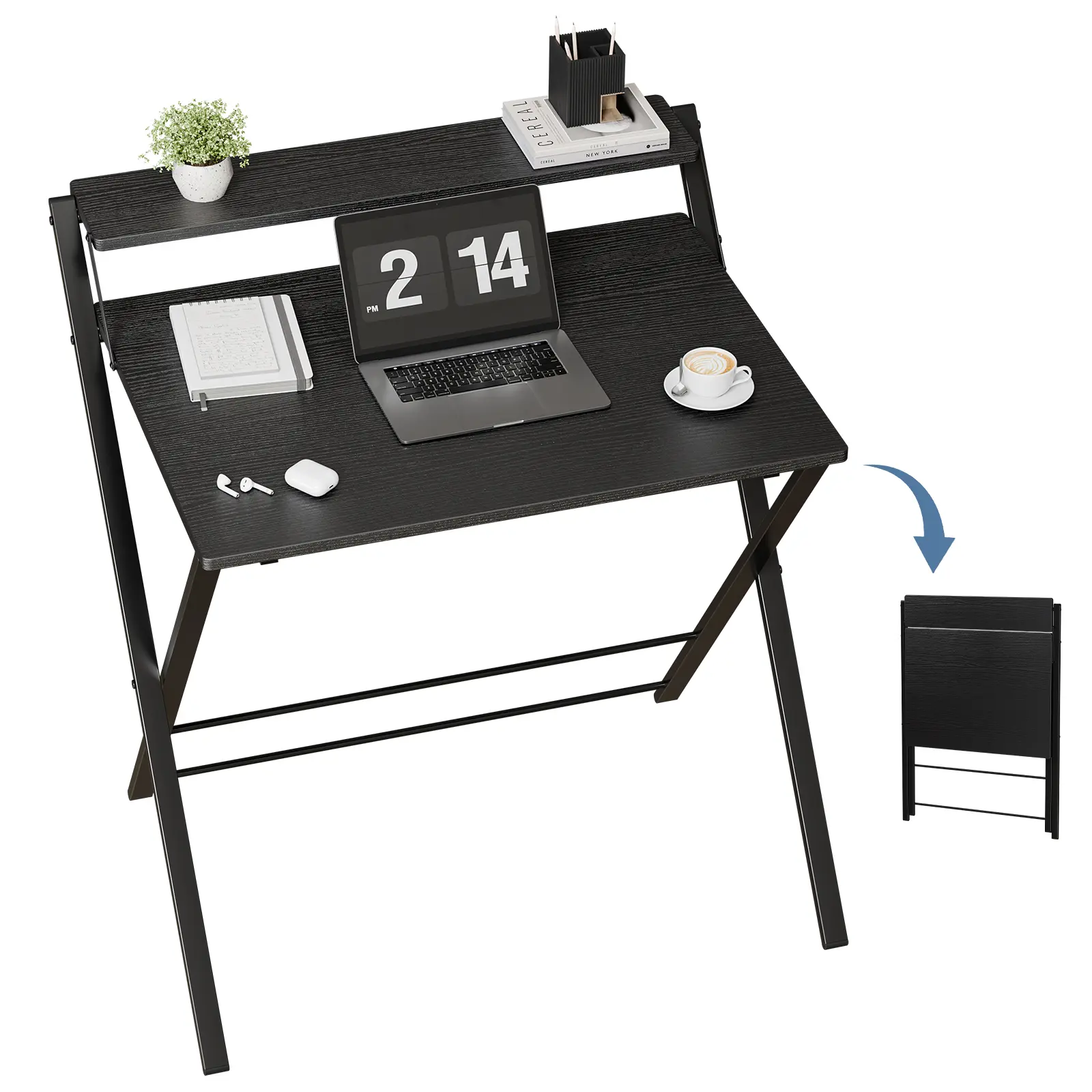 Sweetcrispy Minimalist Modern Foldable Desk - No Assembly Needed, 2-Tier Compact Laptop Desk with Shelf, Modern Style Space-Saving Computer Table for Apartment Home Office, Compact Laptop Desks, Minimalist Modern Desks
